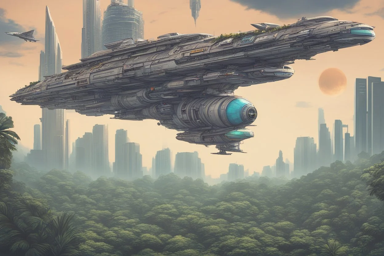 spaceship flying low over a jungle city