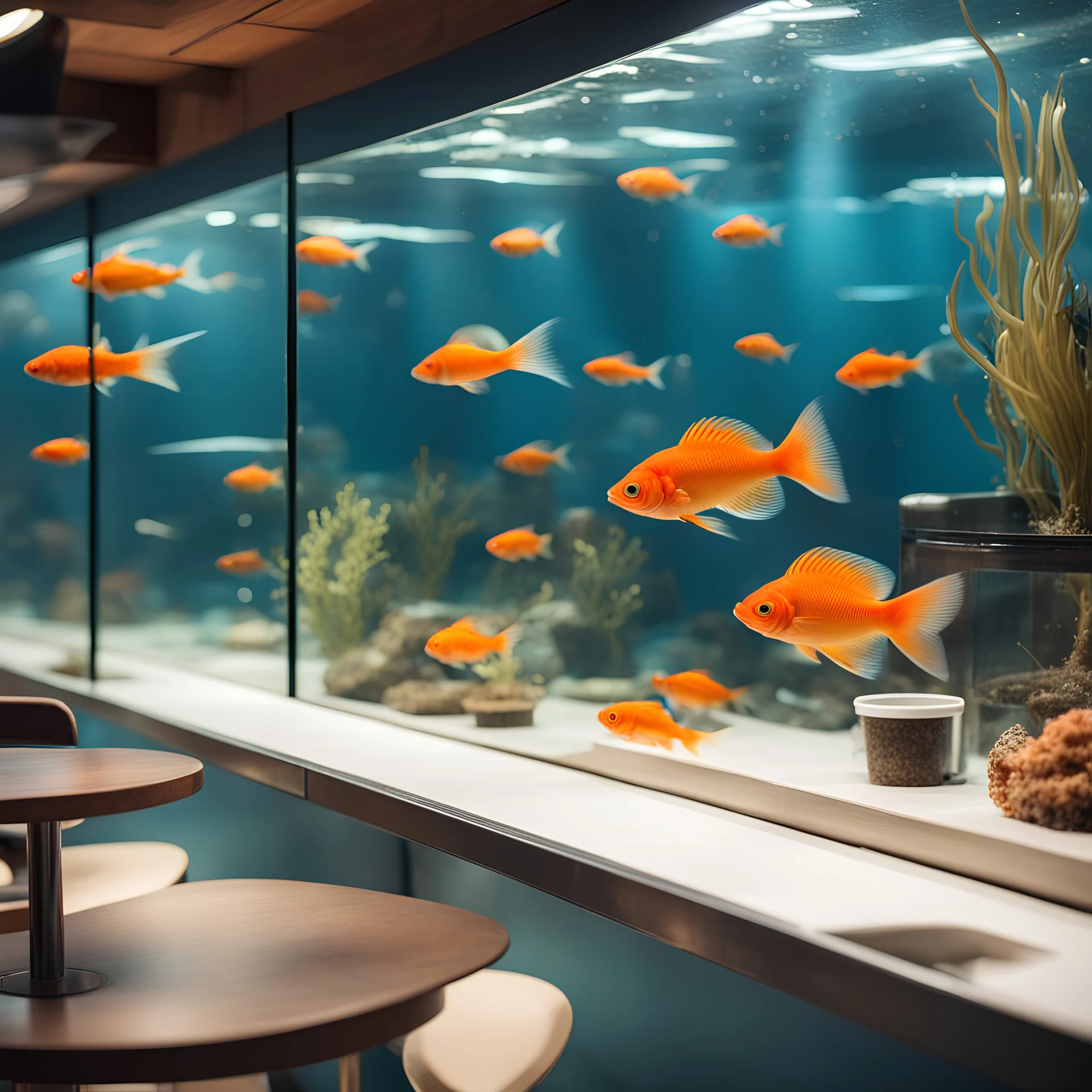 fish in an aquarium on the background of a cafe