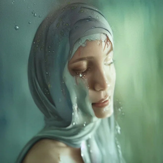 dripping watercolor paint as woman's face, wearing hijab, dripping, melting watercolors, fine detail, highly intricate, modern surrealism painting, fog, high-quality, volumetric lighting, 8k, ultrahd, George Grie, Marco Escobedo, Igor Morski,Brian Froud, Howard Lyon, Selina French,