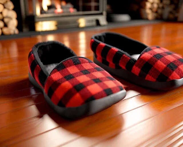 Red plaid slippers, bear rug,log cabin, stone fireplace