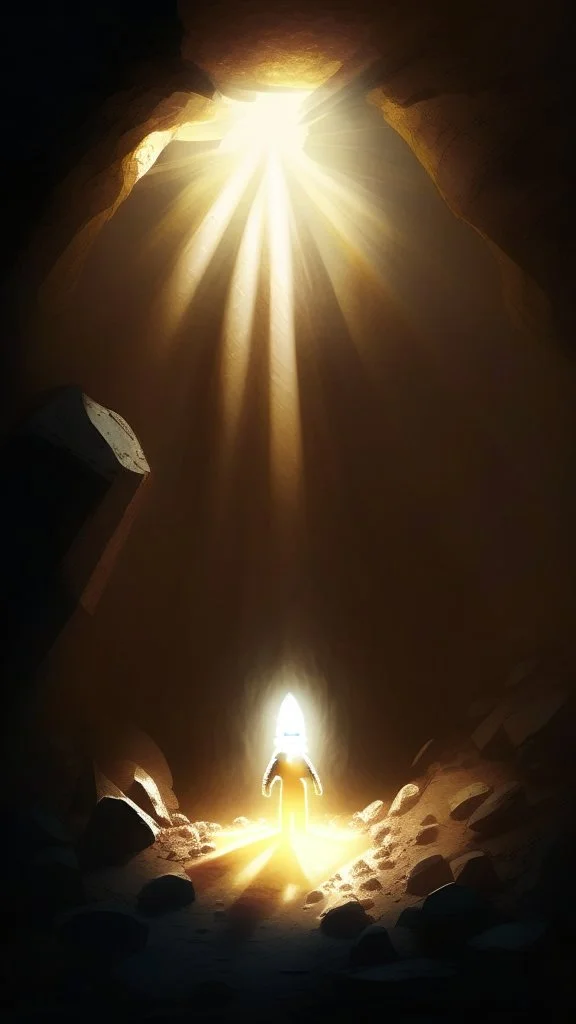 Character on the scree cone of an underground room lit by sunbeams diffuse coming from a well located forty meters above.