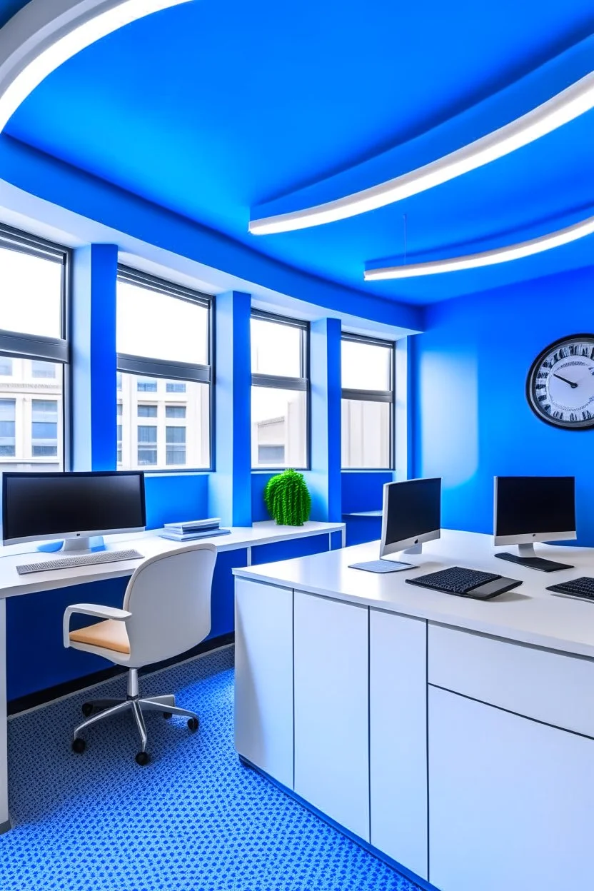 The office desks are hung on the walls in an oval shape, and the color of the walls is blue and the floor is white