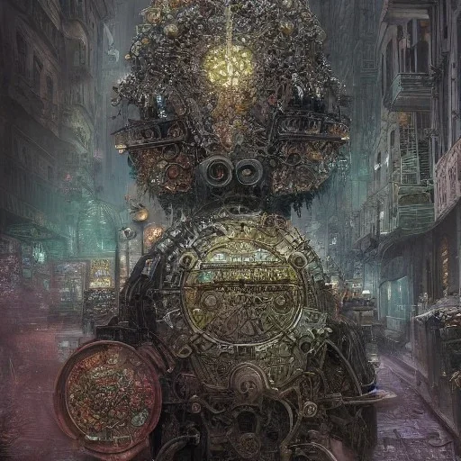 Insanely detailed photograph of an “portrait of gorgeous city” with intricate gears, intricate embroidered band, hyperdetailed painting by Ismail Inceoglu Huang Guangjian and Dan Witz CGSociety ZBrush Central fantasy art album cover art,8K, hdr, romantic, mysterious, ominous, flowers, jewelry, steam,oil,cafe,ramen shop