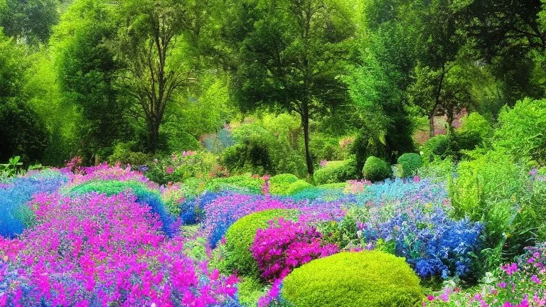 verybeautiful-magical-garden-of-the-angelic-kingdom-blue-and-pink-plants-and-trees-small-river-sunshine-flowers-haze-thumb-rainbow-ufo-bright-colors-light flowers