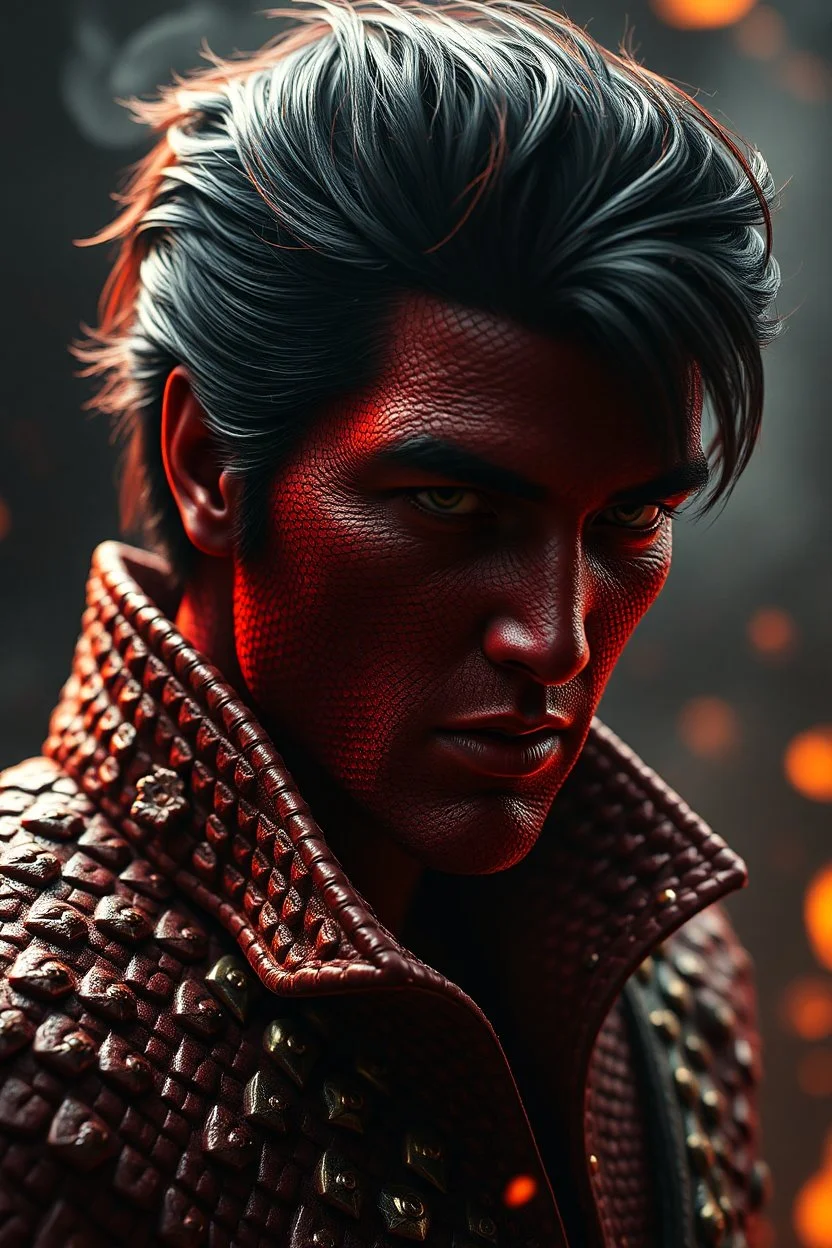 Elvis Presley , red skin, scales, unreal engine 6, high detail, intricate, cinematic. photoshoot style, intricate, studio lighting, masterpiece , highly detailed, 8k, best quality, fire, smoke, dramatic,d,<lora:mshn:0.7>,<lyco:Warrior_Couture:0.5>,