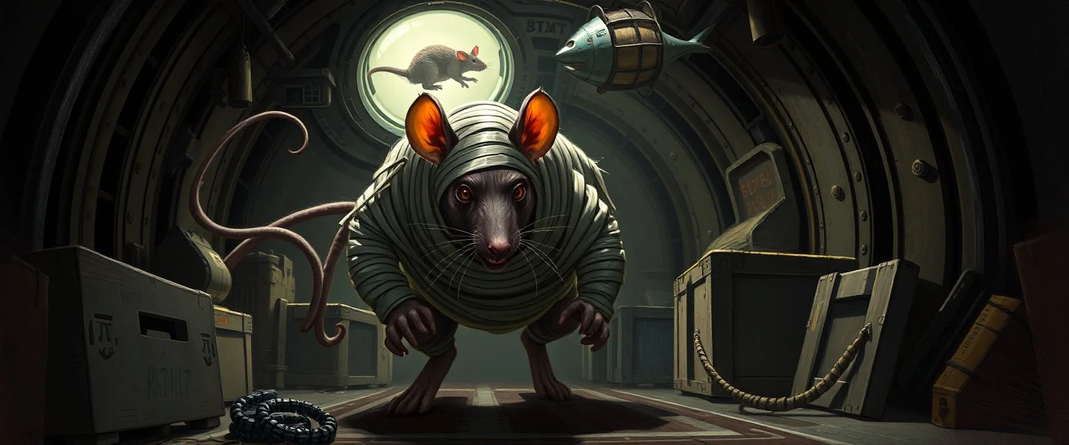 2️⃣ Boarding the Rocket "Giant mummy rat sneaks into a rocket cargo hold, bandages trailing slightly, ears twitching, eyes alert. Crates and floating tools around, with soft lights casting long shadows. A small caged rat visible in the background, and another rat suspended in a stasis pod above. Style: Rembrandt-inspired lighting, rat features, conveying stealth and tension."