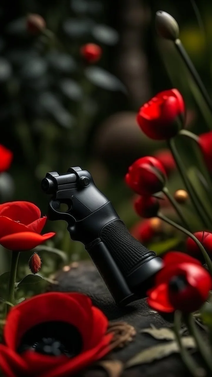 A small wooden hammer near a black pistol, a black leather glove and red lipstick in a dark garden filled with red poppies.Cinematic and realistic image