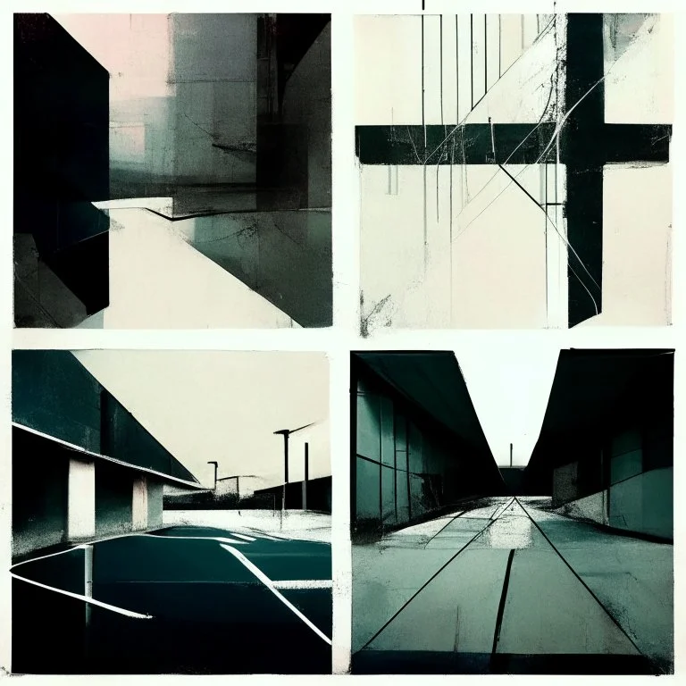 Minimal contemporary abstract oil paintings of a dirty desolate 1960s carpark with road markings and concrete fragments. style of Justin Mortimer and Francis Bacon.