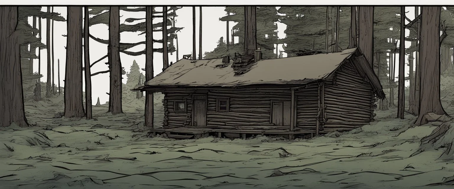 log cabin, post-apocalyptic, comic book, forest, cinematic, from far away,