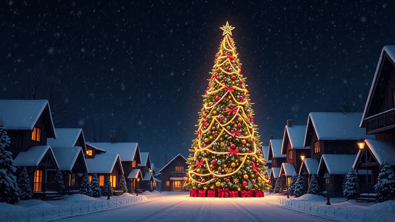 Hyper Realistic Beautiful Christmas Background Using Colors Black, Navy-Blue Purple And Golden (Sparkles), Featuring A Beautifully Decorated Huge Christmas Tree In A Town With Small Cottages On Both Sides Covered In Snow At Heavy Snowfall Night Showing Dramatic And Cinematic Ambiance.