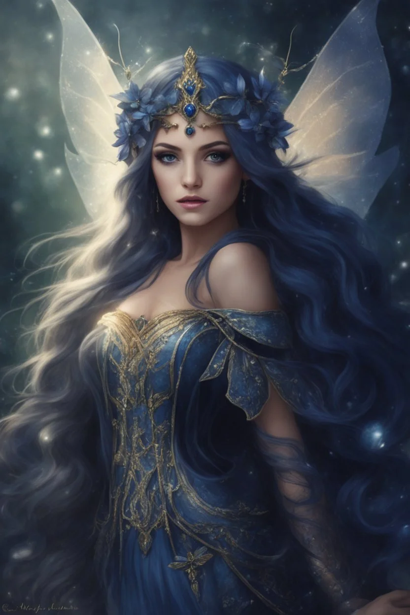 Midnight blue,Dark blue hair,night,dark fairy princess ,elven crown,elven ears,sparkle,glitter,lillies of the valley,gold armor,dragonflies,rapunzel hair