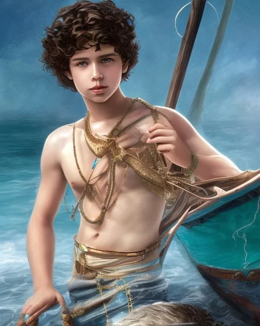 beautiful 12 year old arabic boy with long, curly hair and light blue eyes,shirtless, in front of a boat