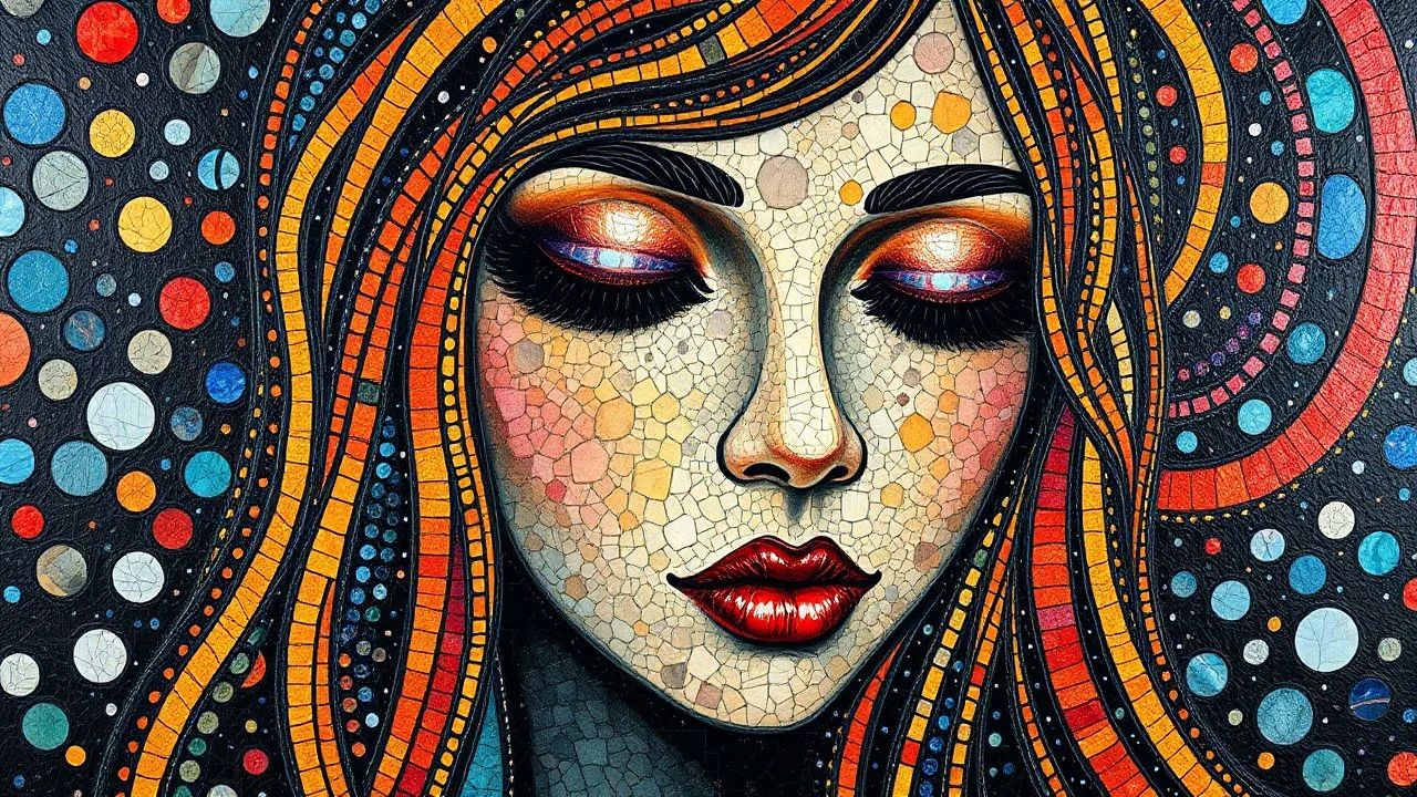 masterpiece Impasto style oil painting of creating figure full an girl the face is made of granite terrazzo motifs black with textured brush strokes, long hair is made of immersive experience, intricate and detailed, trippy psychedelic Pointillist bright, lively and colorful explosions mirrors dry, and closed eyes. Cubist granite abstract descending from a amazing stained glass spirograph sheets slanted ribbon lines, a sheets spiral geomatrical, Express live brushwork brings depth and texture to