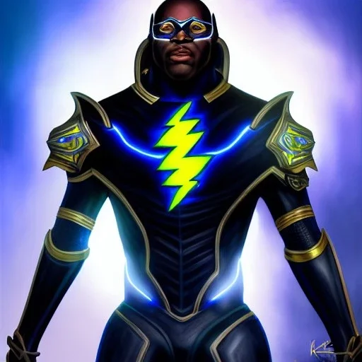 ultra detailed fullbody portrait of Black Lightning ,wearing Armor, extremely detailed digital painting, extremely detailed face,crystal clear eyes, in the style of Ken Kelley robert e howard and pablo oliveira and Keith Parkinson , mystical colors, perfectly centered image, perfect composition, rim light, beautiful lighting,8k, stunning scene, raytracing