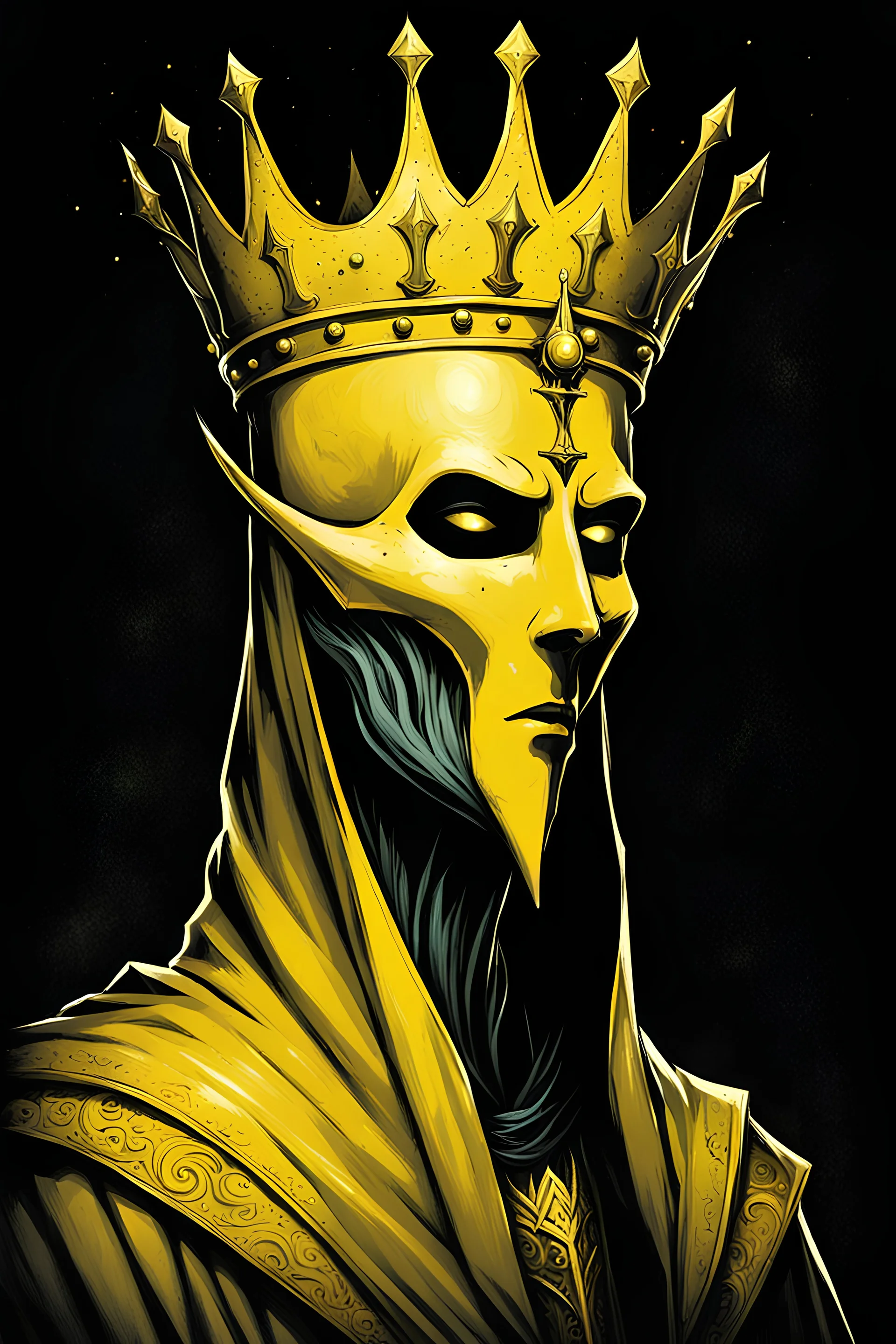 Hastur- the king in yellow, profile picture, face peering off to the side, he is wearing a yellow shining crown , the crown is minimalistic and ruggedly forged, his face is behind a grotesque mask, a dimly lit ghostly light shines behind him, the background is a dark void, immaculate Renaissance chiaroscuro dot shading,