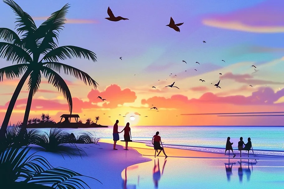 families sitting on a beach lagoon, birds in the sky, sunset, tropical forest