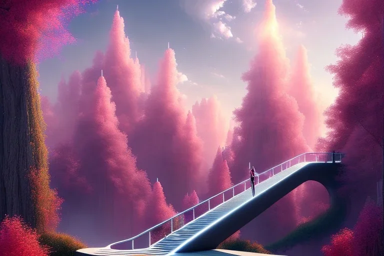 mystical long stairway up to heaven in the sky, atmospheric pink mist, beautiful colours, fine art, trending on artstation, masterpiece