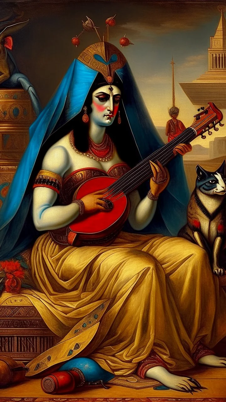 Bosch painting style, beautiful Cleopatra of Egypt playing the guitar by the permanent