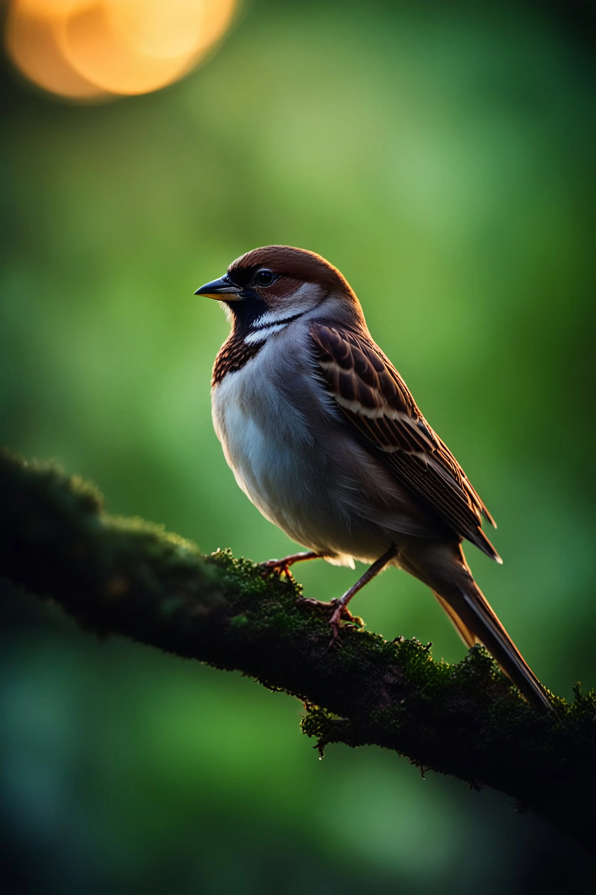 a sparrow sitting on top of a tree branch, crepuscular lighting, unsplash photography, BOKEH shot style of time-lapse photography, fujifilm provia 400x, 100mm lens, luminous shadows, renaissance-inspired chiaroscuro, home and garden, wildlife nature photography, HDRI.