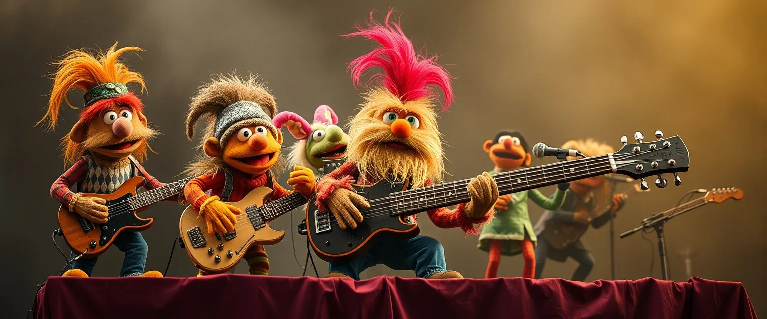 masterfully Gnoll muppet puppet band all playing on one huge enourmous big guitar