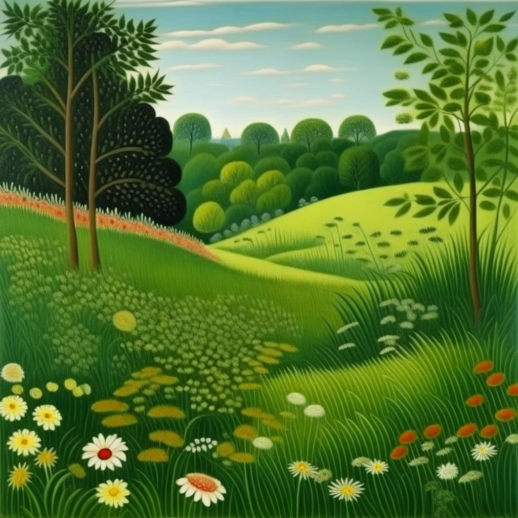 A green meadow with flowers painted by Henri Rousseau