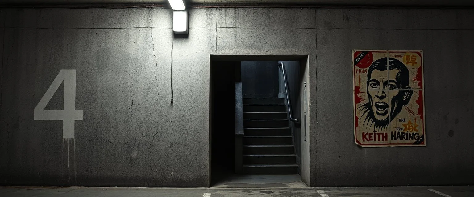 background of wall(wet textured concrete, gray, old, cracked, stained, 1 wall light) from underground parking, hong kong style, a large number "4" painted on left(old faded paint), at middle is a narrow opening into an area with dark stairway, cyberpunk, to the right of opening is a faded keith haring poster