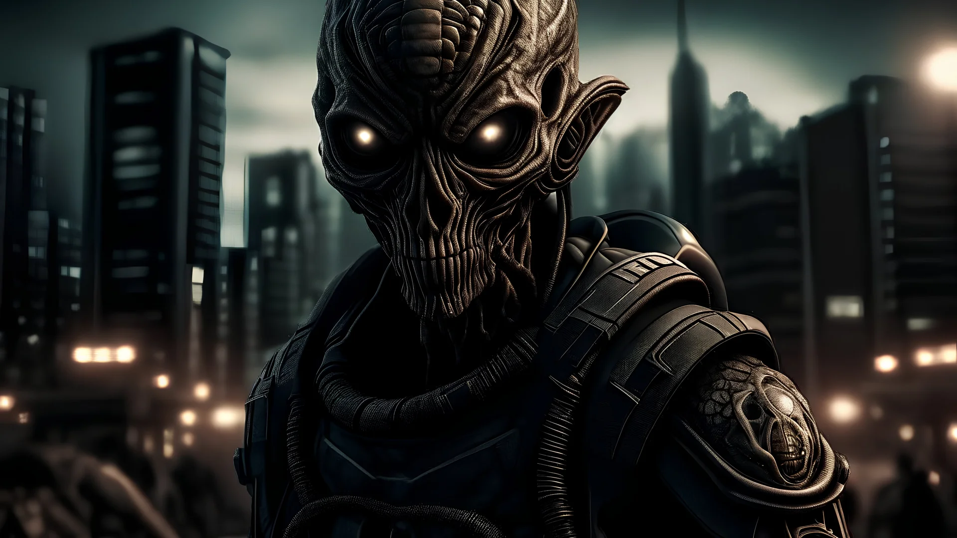 scary Halloween portrait, an aliens with guns glaring at the camera, intricate details. amazing city backdrop.