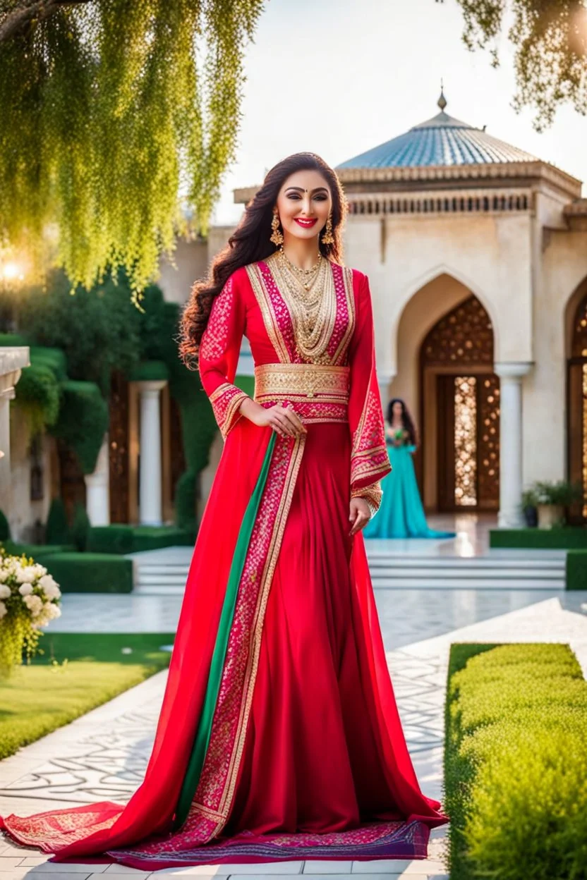 create a video of beautiful azerbaijani lady wearing traditional clothing dancing with sari gelin famous song and music of azerbaijan in a pretty villa garden