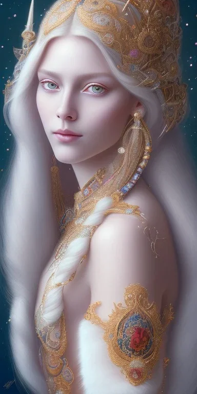 ultradetailed beautiful portrait painting of love Aphordite with long flowing white hair and sharp piercing gaze of blue eyes, smiling lip, sweet smile, alluring beauty, wearing jewels, roses, ultra ornate, gold leaf deatils, wearing white dress, by conrad roset, greg rutkowski and artgerm, trending on artstation