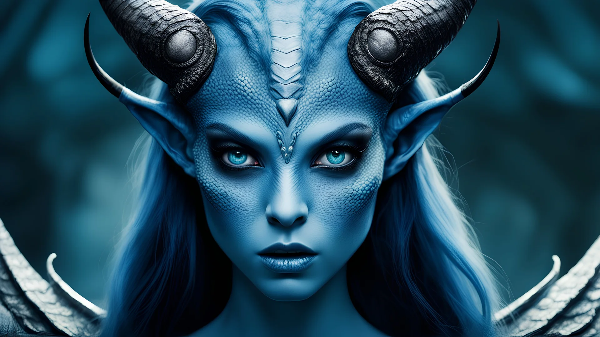 extraterrestrial femine being, blue skin, big black eyes, horns, angry, reptilian mode