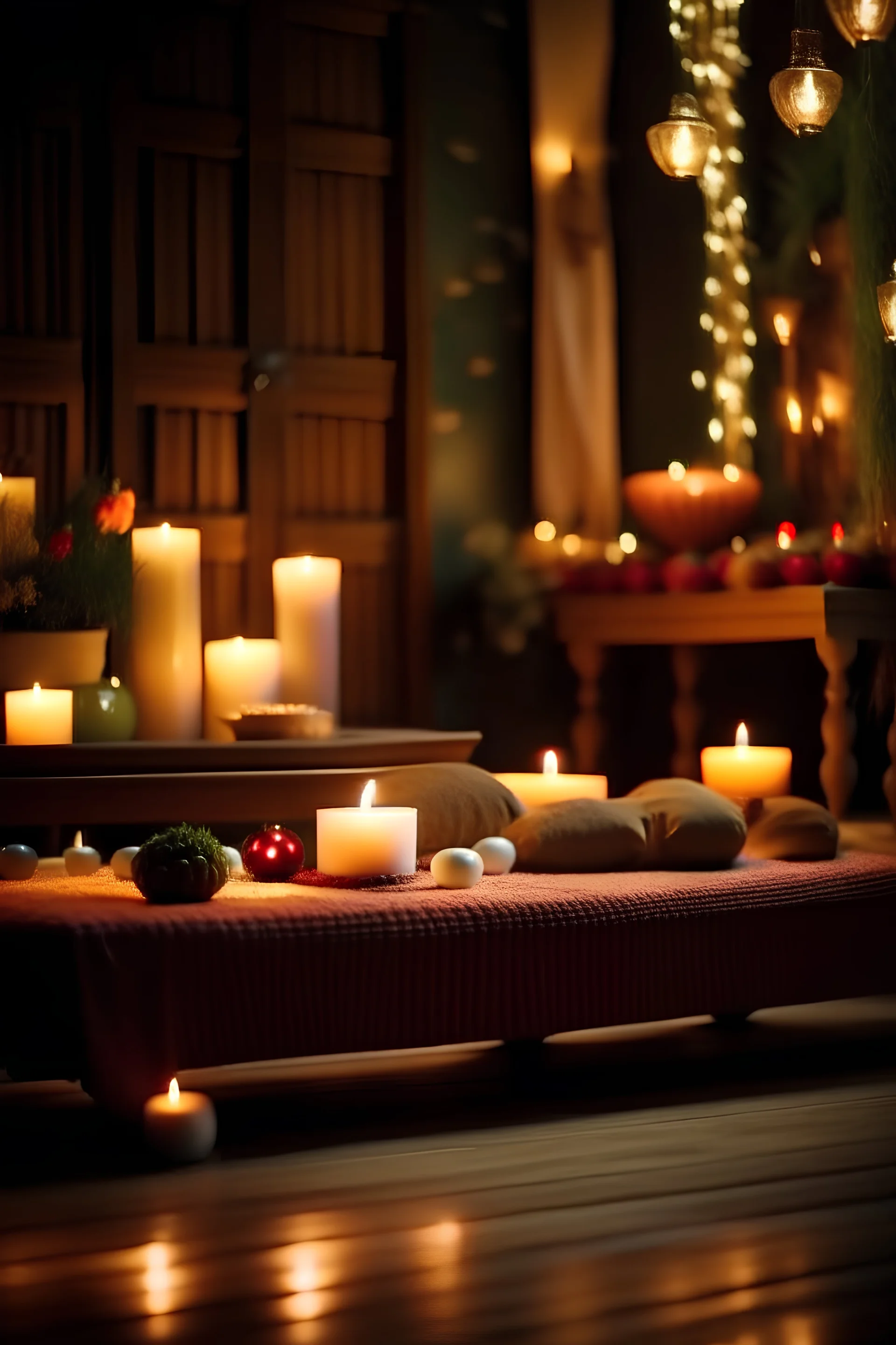 massage thailandais éclairé par ambience douce, déco thème de noel, détails élevés, 4k