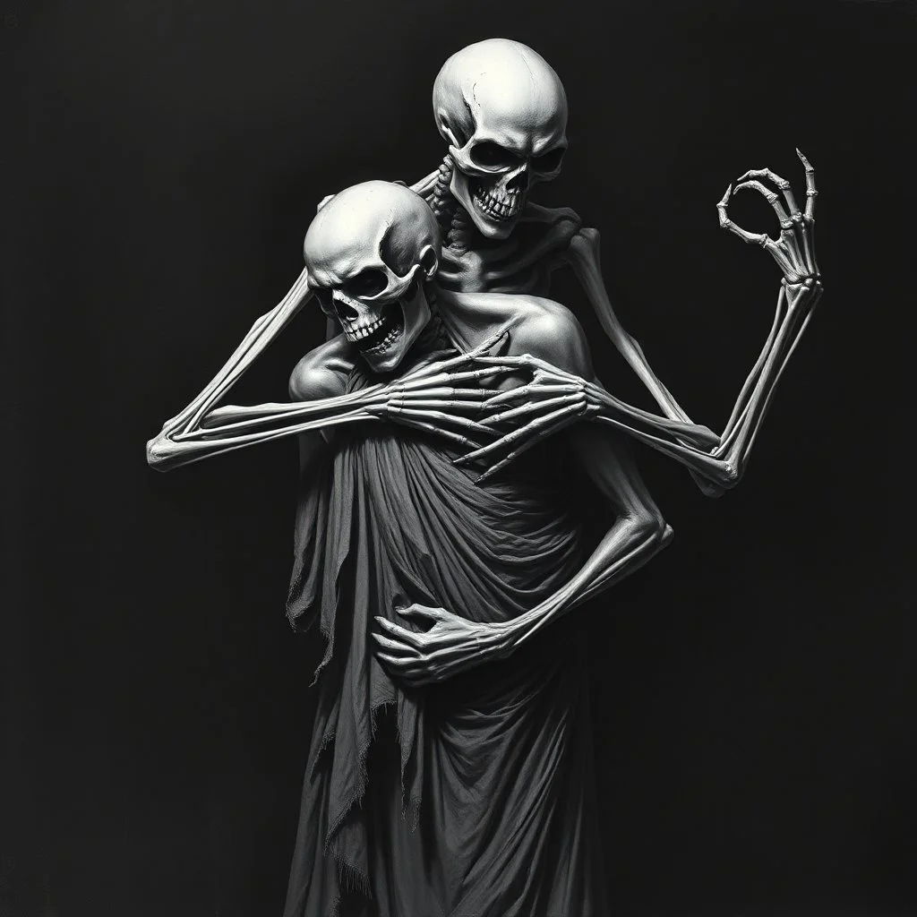 The image is a dark, haunting, monochromatic artwork that portrays a skeletal figure embracing or overpowering a human-like strong male figure. The skeletal entity looms from behind, its bony arms wrapped around the human, who appears to be partially draped in tattered cloth and in a state of despair or submission. ...