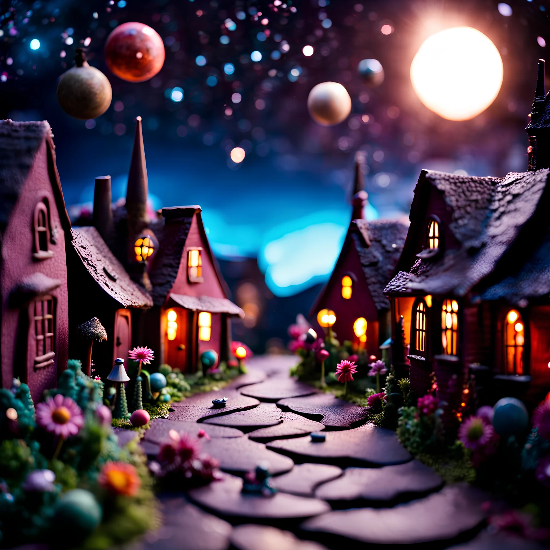 Detailed people, creepy street made of modeling clay, village, stars and planets, sun, volumetric light flowers, naïve, Tim Burton, strong texture, extreme detail, Max Ernst, decal, rich moody colors, sparkles, Harry Potter, bokeh, odd