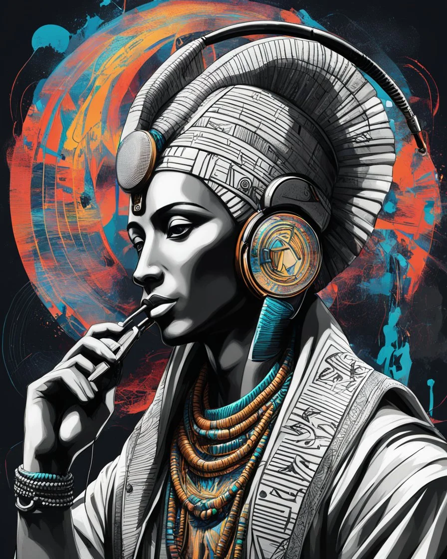 Illustrative sketch of Pharaoh Akhenaten in music with headphones, contrasting colors, full body, ultra quality, hyper detailed, graffiti, concept art, maximalism, 8k