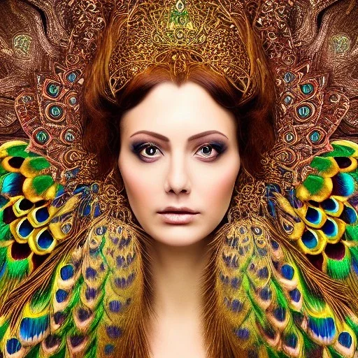 portrait of woman queen of peacocks, stunning, beautiful, gorgeous, realistic, photo illustrative, ornate, 8K resolution, high-quality, fine-detail, digital art, detailed matte, brian froud, howard lyon, selina french, anna dittmann, annie stokes, lisa parker, greg rutowski,