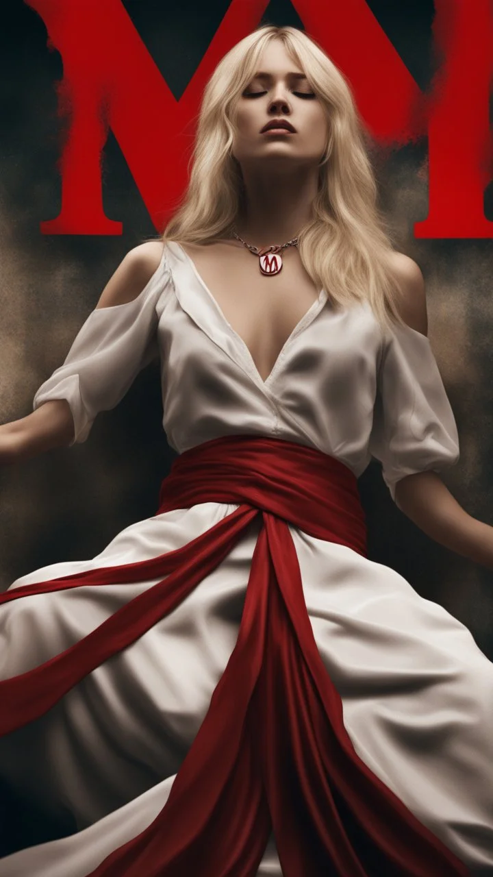 A blonde girl is blindfolded with a red cloth, with a necklace bearing the letter M around her neck. Cinematic picture