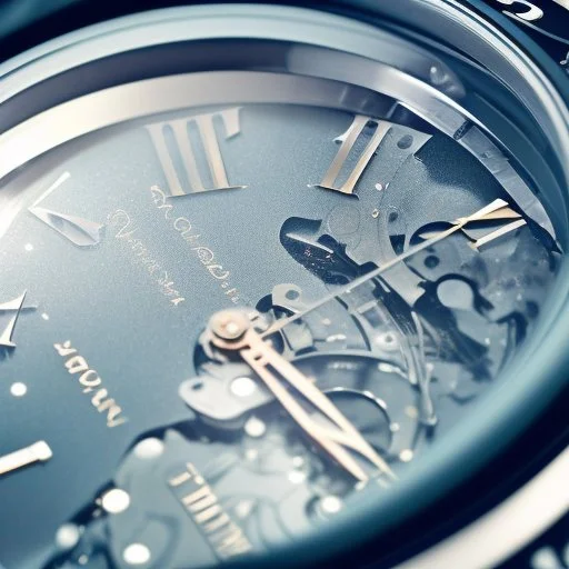 very close up of a very big luxury wrist watch with dark mirror glass stands on table in balcony skyscraper and reflects modern city environment image , to the camera ,centered.