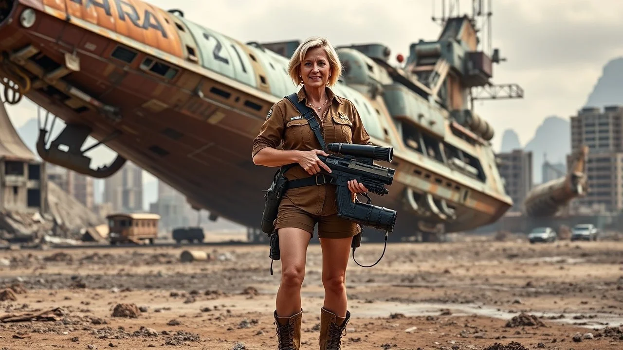 A 60-year-old woman with blond hair, a brown shirt, shorts, and boots, holding an armful of complex equipment, standing in front of a grounded cargo spaceship, with a ruined city in the background.
