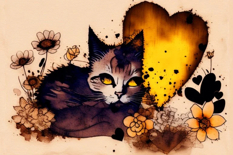 good night picture in ochre, double exposure, merged layers, burned burlap, cute chibi anime cat, beautiful surrealistic composition, melting watercolor and black ink on wet paper in sunshine, flowers, heart and love, ethereal, cinematic postprocessing