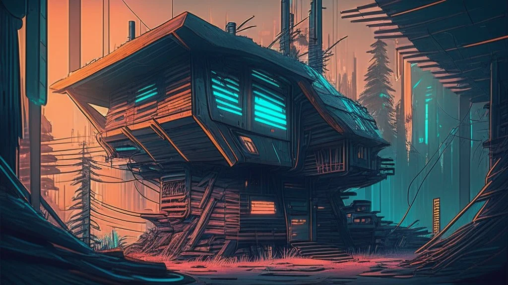 Wooden Cabin In futuristic cyberpunk city, comic style