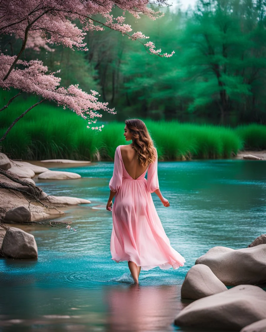 beautiful girl in pretty pink -blue dress walking in water toward camera in trees next to wavy river with clear water and nice sands in floor.camera capture from her full body front, spring blosom