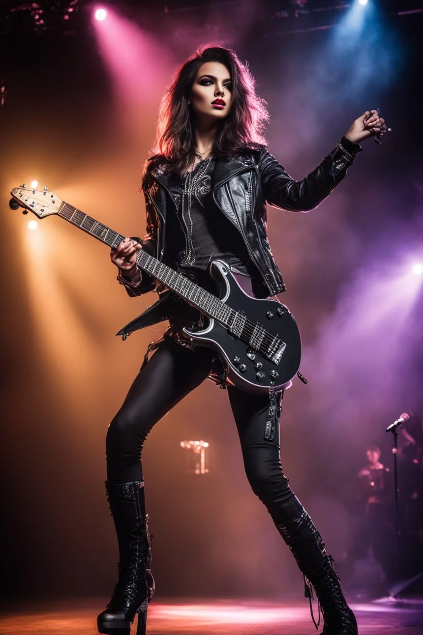 Photography HD realistic, full lights, music concert,Super model Beautiful girl as Queen Rocker jacket gothic art is standing on stage playing a electric guitar,stage on disco lighting,lights everywhere.