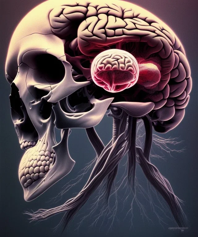 brain, skull, neural network. ink, poster, beksinski