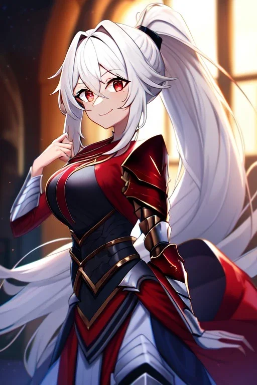 girl, masterpiece, best quality, cinematic lighting, detailed outfit, vibrant colors, perfect eyes, long hair, white hair, red eyes, ponytail, messy hair, hair between eyes, indoors, depth of field, ray tracing, armored dress, angry, smile,