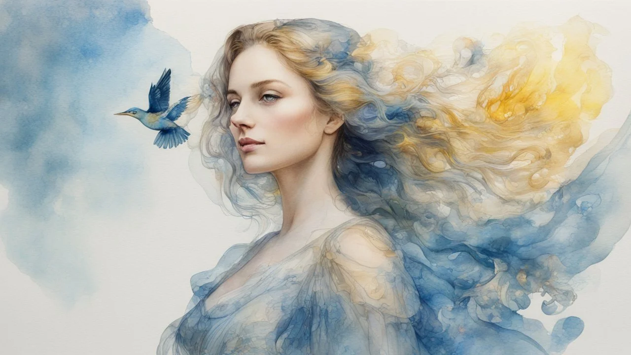 Victorian era, watercolor drawing, double exposure, fine rendering, portrait of a beautiful woman 30 years old, airy transparent dress, double exposure, bird, fantasy, blue, yellow, flowing hair, highlights, sparkles, clear lines, detail, fine drawing, high resolution , 8K, photorealism, precise focus,