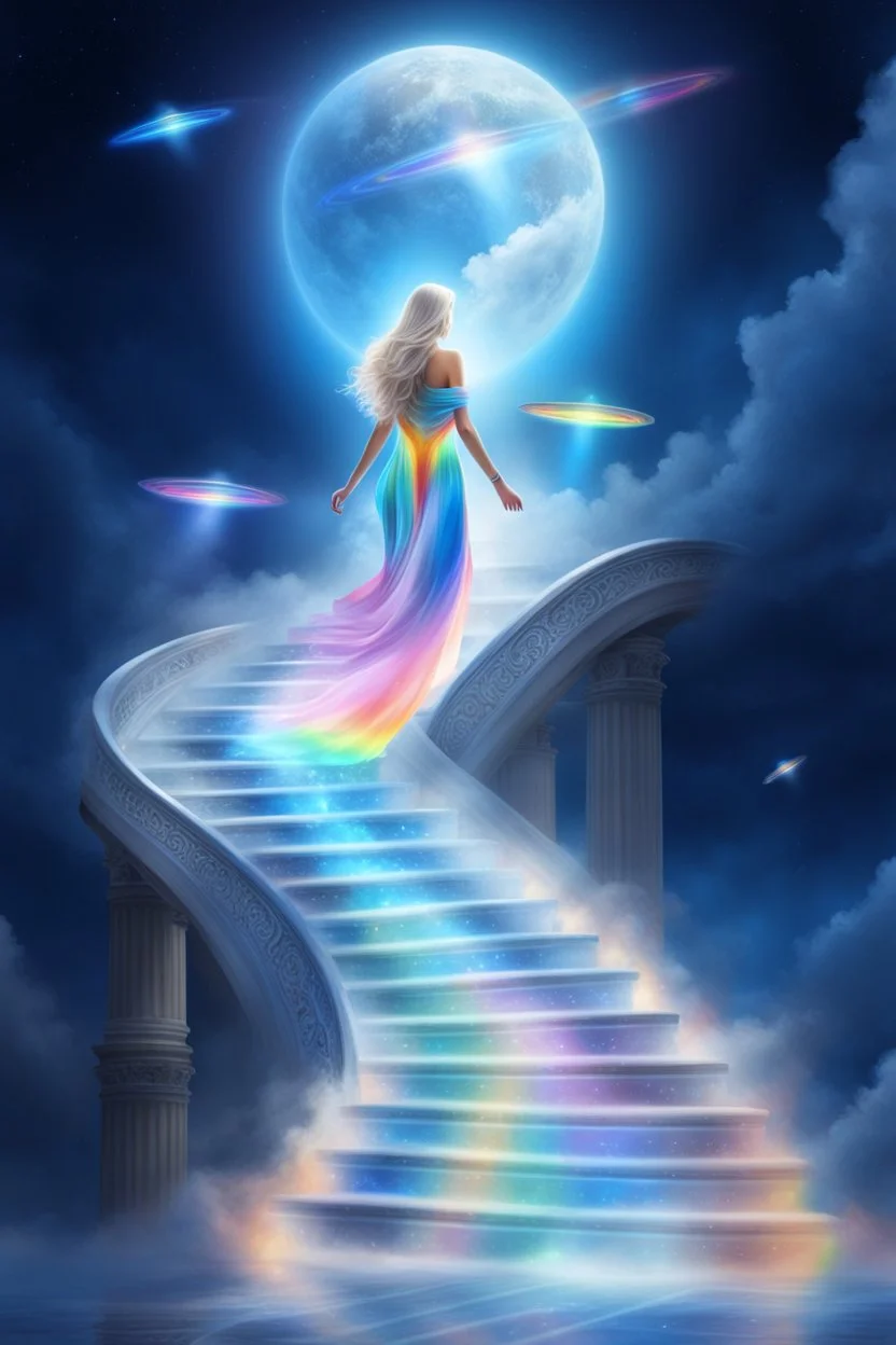 fantastic,Beautiful woman, stairway to heaven whit rainbow, ufos arc en ciel futuriste très beau