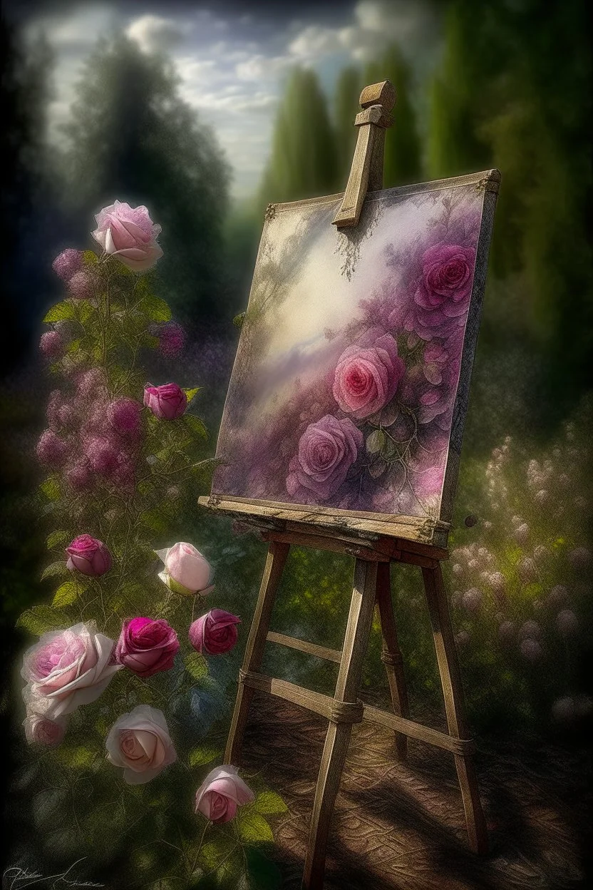 in the rose garden, an artist's workshop, an easel, a canvas with a rose pattern, bushes of vintage garden roses with buds , complex burgundy, purple roses, a work of art, hyperdetalization, professionally, filigree, misty haze, surrealism, transparent, delicate pastel tones, contour lighting, grunge style, volumetric watercolor, aesthetically beautiful, realistic, high resolution, high detail, ISO 100 photosensitivity and f/2.8. 1/250 aperture with a 30, 32KB lens