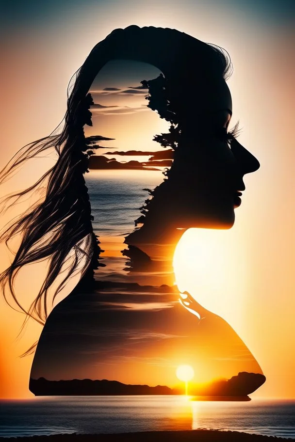 high quality, 8K Ultra HD, A beautiful double exposure that combines an goddess silhouette with sunset coast, sunset coast should serve as the underlying backdrop, with its details incorporated into the goddess , crisp lines, The background is monochrome, sharp focus, double exposure, by yukisakura, awesome full color,