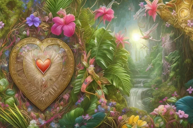 Tropical flowers, realistic heart drawing, crystals, tropical leaves, sacred altar, Fantasy home, cute animal.