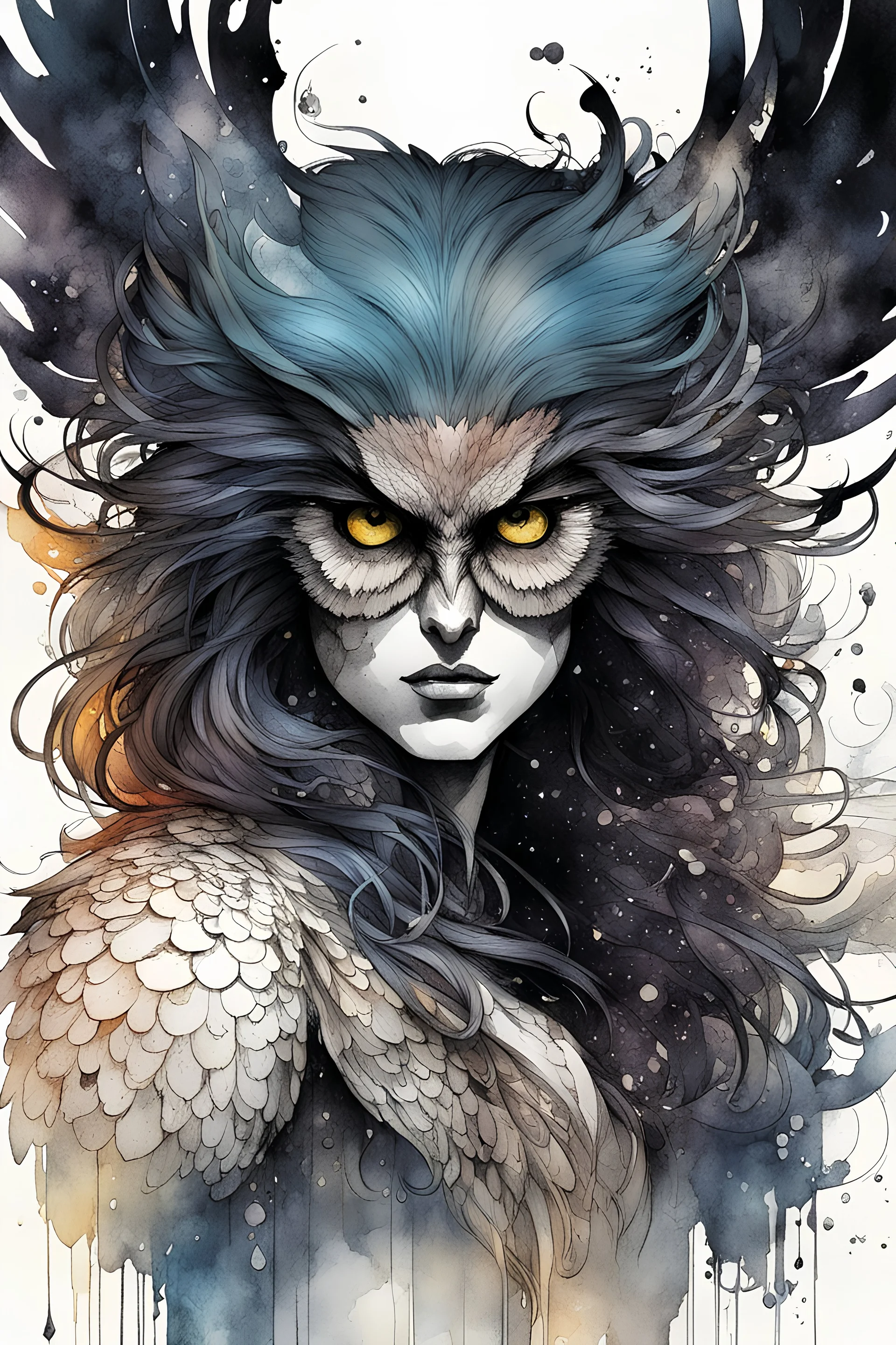 ink wash and watercolor concept illustration of a fanciful hybrid Owl girl character with wildly flowing hair, ornately dressed with highly detailed feathers and facial features in the comic book style of Bill Sienkiewicz and Jean Giraud Moebius, with a fine art aesthetic, highly detailed , boldly inked, 4k UHD cinegraphic quality